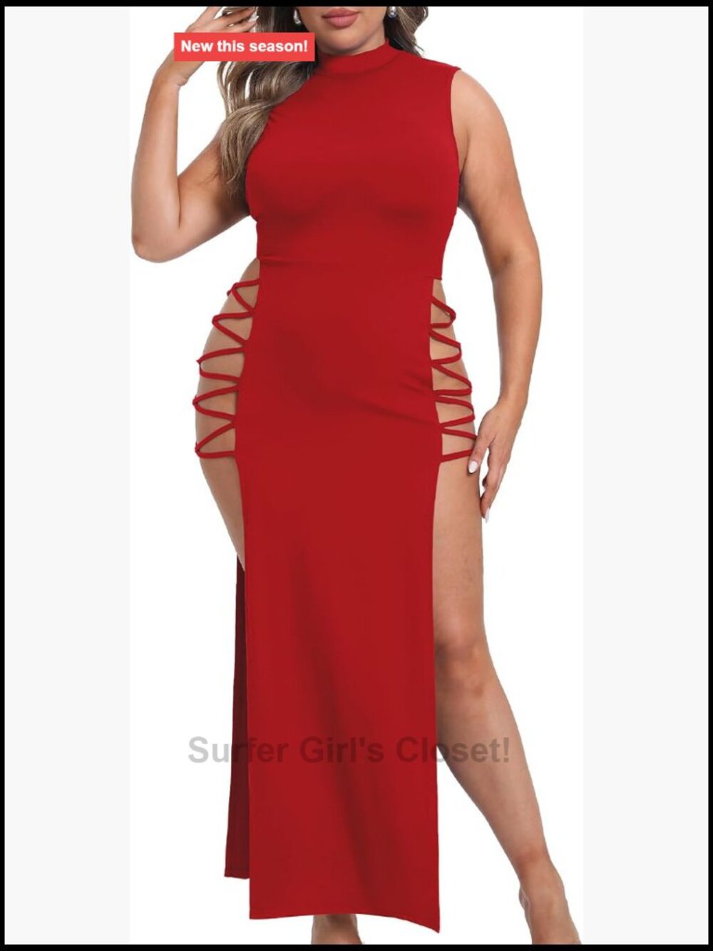 Sexy Plus Size Mock Neck Double Slit Sleeveless Bodycon Maxi Dress Club Party